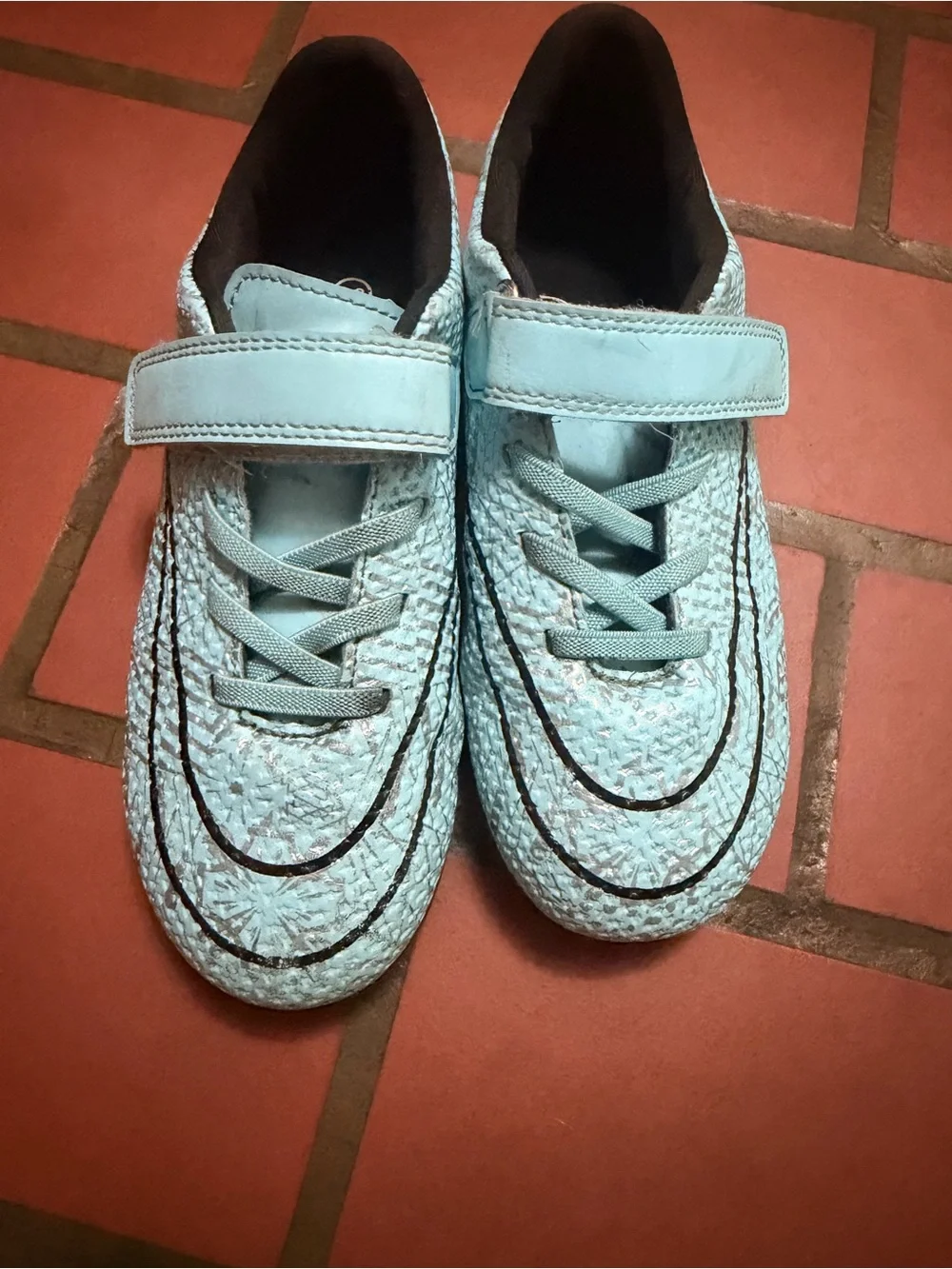 Kids Light Blue indoor soccer cleats with Hook-and-Loop Strap.